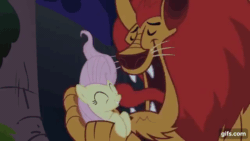 Size: 640x360 | Tagged: safe, screencap, fluttershy, manny roar, big cat, lion, manticore, pegasus, pony, friendship is magic, g4, season 1, ^^, animated, cute, eyes closed, face licking, female, gif, gifs.com, licking, male, mare, open mouth, open smile, shyabetes, smiling, tongue out
