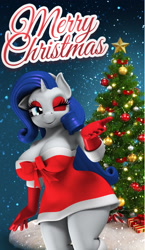 Size: 1500x2592 | Tagged: safe, artist:argos90, rarity, anthro, g4, 3d, big breasts, breasts, busty rarity, christmas, christmas tree, clothes, costume, eyeshadow, hat, holiday, makeup, merry christmas, one eye closed, red eyeshadow, santa costume, santa hat, solo, tree, wink