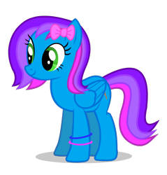Size: 826x863 | Tagged: safe, oc, oc only, oc:azure acrylic, pegasus, pony, bow, bracelet, cute, eyelashes, female, folded wings, full body, green eyes, hair bow, jewelry, mare, multicolored mane, multicolored tail, pegasus oc, shadow, show accurate, smiling, solo, tail
