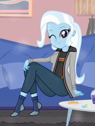 Size: 935x1230 | Tagged: safe, artist:charliexe, artist:grapefruit-face, artist:yaya54320bases, trixie, equestria girls, g4, biscuits, clothes, coat, cosplay, costume, doctor who, looking at you, one eye closed, pants, shirt, show accurate, sitting, smiling, socks, solo, stocking feet, striped shirt, t-shirt, thirteenth doctor, trenchcoat, wink