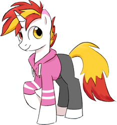 Size: 1354x1447 | Tagged: safe, artist:aanotherpony, oc, oc only, oc:shyfire, pony, unicorn, 2022 community collab, derpibooru community collaboration, clothes, heterochromia, hoodie, horn, male, pants, raised hoof, simple background, solo, stallion, tail, transparent background, two toned mane, two toned tail, unicorn oc