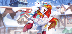 Size: 3000x1454 | Tagged: safe, artist:redchetgreen, oc, oc only, oc:diamond sun, pegasus, pony, chest fluff, clothes, commission, eyes closed, female, high res, mare, open mouth, open smile, scarf, shoes, smiling, snow, snowball, snowball fight, solo, wings, winter, winter outfit, ych result
