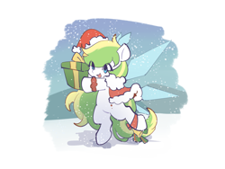 Size: 2160x1620 | Tagged: safe, artist:左左, oc, oc only, oc:tea fairy, earth pony, pegasus, pony, bipedal, christmas, holiday, open mouth, present