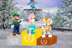 Size: 1280x854 | Tagged: safe, artist:cloudy glow, artist:user15432, fluttershy, human, equestria girls, g4, beijing 2022, bronze medal, crossover, female, geode of fauna, gold medal, looking at you, luigi, luigishy, magical geodes, male, mario & sonic, mario & sonic at the olympic games, mario & sonic at the olympic winter games, mario and sonic, mario and sonic at the olympic games, medal, miles "tails" prower, olympic games, olympic rings, olympic winter games, olympics, silver medal, sonic the hedgehog (series), straight, super mario bros., winter olympic games, winter olympics