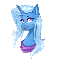 Size: 800x800 | Tagged: safe, artist:buvanybu, trixie, pony, g4, :p, bust, clothes, ear fluff, female, mare, portrait, scarf, solo, tongue out
