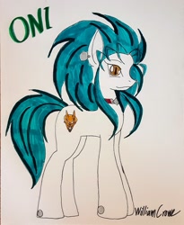 Size: 2448x2987 | Tagged: safe, artist:crowe1978, earth pony, pony, ear piercing, female, high res, mare, piercing, ponified, ryoko, signature, simple background, smiling, solo, tenchi muyo, traditional art
