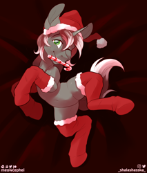 Size: 1536x1800 | Tagged: safe, alternate version, artist:meowcephei, oc, oc:silver prose, pony, candy, candy cane, christmas, christmas stocking, clothes, food, holiday, socks, solo, stockings, thigh highs