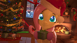 Size: 3840x2160 | Tagged: safe, artist:sylthena, fluttershy, pegasus, pony, g4, 3d, 4k, candy, candy cane, candy canes, carpet, christmas, christmas lights, christmas stocking, christmas tree, christmas wreath, cozy, cute, daaaaaaaaaaaw, fire, fireplace, food, furnace, gift wrap, glowing, glowing eyes, hat, high res, holiday, looking at you, offscreen character, ornament, ornaments, pov, present, rug, santa hat, shyabetes, snow, source filmmaker, tree, wreath