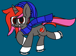 Size: 2800x2055 | Tagged: safe, artist:derpyalex2, oc, oc only, pony, unicorn, beanie, clothes, hat, high res, ice skates, ice skating, scarf, skates, solo