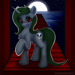 Size: 2048x2048 | Tagged: safe, artist:darbedarmoc, oc, oc only, oc:minerva, pony, unicorn, bridge, high res, looking at you, moon, ocean, pier, red eyes, solo, stars
