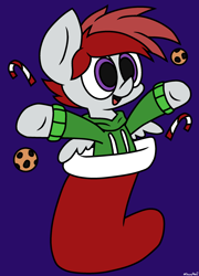 Size: 1710x2374 | Tagged: safe, artist:derpyalex2, oc, oc only, pegasus, pony, candy, candy cane, christmas, christmas stocking, clothes, colt, cookie, foal, food, holiday, jacket, male, solo, sweater