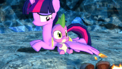 Size: 800x450 | Tagged: safe, artist:elton's stuff, spike, twilight sparkle, alicorn, pony, g4, 3d, animated, campfire, cuddling, cute, duo, female, ice cave, long neck, male, mama twilight, mmd, peaceful, sleeping, spikabetes, twiabetes, twilight sparkle (alicorn), wing blanket, winghug, wings