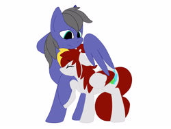 Size: 2828x2121 | Tagged: safe, artist:euphorictheory, oc, oc only, oc:flareblitz, oc:wolfbane, pegasus, pony, colored wings, duo, female, floppy ears, high res, hug, male, mare, simple background, stallion, white background, winghug, wings