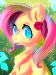 Size: 900x1200 | Tagged: safe, artist:chipce, fluttershy, pegasus, pony, g4, abstract background, aside glance, bust, chest fluff, cute, daaaaaaaaaaaw, female, folded wings, looking at you, mare, portrait, shyabetes, solo, three quarter view, wings