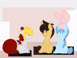 Size: 2828x2121 | Tagged: safe, artist:euphorictheory, oc, oc only, oc:wolfbane, unnamed oc, earth pony, pegasus, pony, unicorn, colored wings, female, floppy ears, hairband, hat, high res, male, mare, simple background, stallion, wings