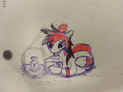 Size: 2828x2121 | Tagged: safe, artist:euphorictheory, oc, oc only, oc:wolfbane, pegasus, pony, arm band, colored wings, ear piercing, female, floppy ears, high res, lantern, mare, paper, piercing, reading, solo, traditional art, wings