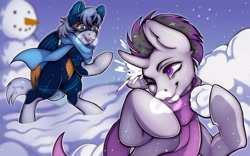 Size: 3307x2067 | Tagged: safe, artist:chivapchichi, oc, oc only, oc:haze rad, pegasus, pony, unicorn, clothes, coat markings, commission, duo, eyebrows, high res, highlights, horn, male, one eye closed, pegasus oc, purple eyes, scarf, simple background, smiling, snow, snowball, snowball fight, snowfall, snowman, socks (coat markings), stallion, standing on two hooves, unicorn oc, ych result
