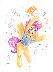 Size: 1253x1689 | Tagged: safe, artist:maytee, scootaloo, pegasus, pony, g4, clothes, colored pencil drawing, face paint, flag, formula 1, shirt, smiling, solo, t-shirt, traditional art