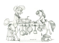 Size: 1500x1097 | Tagged: safe, artist:baron engel, apple bloom, granny smith, earth pony, pony, g4, female, filly, foal, mare, monochrome, pencil drawing, traditional art
