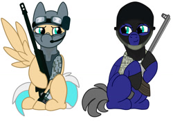Size: 2428x1700 | Tagged: safe, artist:euphorictheory, oc, oc only, oc:flareblitz, oc:snow blizzard, pegasus, pony, balaclava, camouflage, clothes, duo, goggles, gun, headset, helmet, male, military, military uniform, simple background, soldier, stallion, uniform, vest, weapon, white background, wings