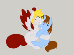 Size: 2828x2121 | Tagged: safe, artist:euphorictheory, oc, oc only, oc:catbell, oc:wolfbane, pegasus, pony, unicorn, colored wings, duo, female, high res, hug, mare, simple background, wings