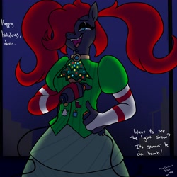 Size: 3600x3600 | Tagged: safe, artist:pony quarantine, oc, oc only, oc:lady veritas, earth pony, anthro, bomb, christmas, clothes, dress, fangs, female, hair over one eye, high res, holiday, lidded eyes, secret santa, solo, talking to viewer, weapon