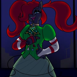 Size: 3600x3600 | Tagged: safe, alternate version, artist:pony quarantine, oc, oc only, oc:lady veritas, earth pony, anthro, bomb, christmas, clothes, dress, fangs, female, hair over one eye, high res, holiday, lidded eyes, secret santa, solo, weapon