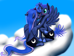 Size: 1600x1200 | Tagged: safe, artist:vasillium, princess luna, alicorn, pony, g4, blushing, brother, brother and sister, cloud, crown, day, family, female, jewelry, kissing, male, on a cloud, outdoors, prince, prince artemis, princess, r63 paradox, regalia, royalty, rule 63, self ponidox, selfcest, shipping, siblings, sister, sitting, sitting on a cloud, sky, spread wings, wingboner, wings