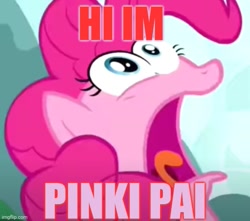 Size: 565x500 | Tagged: safe, edit, edited screencap, screencap, pinkie pie, earth pony, pony, g4, too many pinkie pies, big eyes, blue eyes, cropped, faic, female, hi, lolwut, mare, meme, open mouth, pink coat, pink fur, pink hair, pink mane, pink pony, pinki pai, ponkie poy, solo, wat