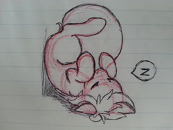 Size: 2828x2121 | Tagged: safe, artist:euphorictheory, oc, oc only, oc:wolfbane, earth pony, pony, cute, female, floppy ears, high res, mare, ocbetes, onomatopoeia, sleeping, solo, sound effects, traditional art, upside down, zzz