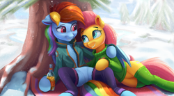 Size: 3892x2153 | Tagged: safe, artist:foxpit, fluttershy, rainbow dash, pegasus, pony, g4, cider, clothes, cute, dashabetes, featureless crotch, female, high res, lesbian, looking at each other, ship:flutterdash, shipping, shyabetes, smiling, smiling at each other, snow, snowfall, socks, stockings, sweater, thigh highs