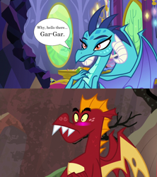 Size: 1280x1440 | Tagged: safe, edit, edited screencap, screencap, garble, princess ember, dragon, g4, season 7, season 9, sweet and smoky, triple threat, aroused, bedroom eyes, bite mark, blushing, comparison, dragoness, female, flirting, hand on chest, male, ship:emble, shipping, shipping domino, smiling, speech bubble, straight, surprised, teenaged dragon, twilight's castle