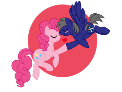 Size: 2828x2121 | Tagged: safe, artist:euphorictheory, pinkie pie, oc, oc:flareblitz, earth pony, pegasus, pony, g4, duo, female, flying, heart, high res, holding hooves, male, mare, shipping, simple background, spread wings, stallion, transparent background, wings
