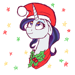 Size: 820x820 | Tagged: safe, artist:karathepony, rarity, pony, g4, bust, christmas, hat, holiday, holly, portrait, santa hat, simple background, solo, starry eyes, white background, wingding eyes