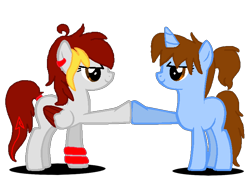 Size: 756x540 | Tagged: safe, artist:euphorictheory, oc, oc only, oc:catbell, oc:wolfbane, pegasus, pony, unicorn, arm band, base used, brown eyes, brown mane, brown tail, colored wings, duo, duo female, ear piercing, female, filly, foal, folded wings, hairband, hoofbump, horn, pegasus oc, piercing, ponytail, shadow, simple background, smiling, standing, tail, transparent background, unicorn oc, wings