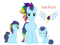 Size: 2828x2121 | Tagged: safe, artist:euphorictheory, oc, oc only, oc:soar prism, pegasus, pony, age progression, colored wings, colt, foal, high res, male, offspring, parent:rainbow dash, parent:soarin', parents:soarindash, reference sheet, simple background, sitting, spread wings, stallion, text, transparent background, wings