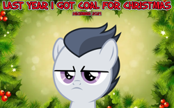 Size: 2064x1289 | Tagged: safe, artist:frownfactory, artist:not-yet-a-brony, rumble, pegasus, pony, g4, 2021, christmas, colt, december, foal, frown, hearth's warming, holiday, last year i got coal for christmas, male, rumble is not amused, song reference, vincent tong, voice actor joke, youtube link in the description