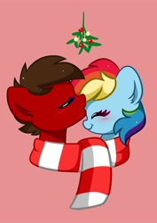 Size: 1416x2000 | Tagged: safe, artist:kittyrosie, rainbow dash, oc, pegasus, pony, g4, blushing, canon x oc, christmas, clothes, commission, cute, dashabetes, duo, eyes closed, holiday, holly, kiss on the head, kissing, merry christmas, mistletoe, oc x oc, ocbetes, scarf, shared clothing, shared scarf, shipping, simple background, striped scarf, xerodash, ych result