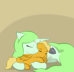 Size: 900x878 | Tagged: safe, artist:askmerriweatherauthor, oc, oc:meadow lark (ask merriweather), oc:merriweather, pegasus, pony, unicorn, ask merriweather, colt, female, foal, lying down, male, mother and child, mother and son, prone, scar, sleeping