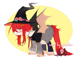 Size: 2450x1900 | Tagged: oc name needed, safe, artist:qawakie, oc, oc only, bat pony, pony, abstract background, bat pony oc, bat wings, bow, candy, clothes, food, hat, pumpkin, solo, tail, tail bow, wings, witch hat