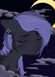 Size: 1000x1400 | Tagged: safe, artist:qawakie, oc, oc only, pegasus, pony, bust, constellation, crescent moon, ear piercing, eyes closed, moon, night, pegasus oc, piercing, smiling, solo, stars, transparent moon, wings