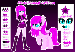 Size: 778x545 | Tagged: safe, artist:fantarianna, oc, oc only, earth pony, pony, equestria girls, g4, boots, clothes, crossed arms, duo, earth pony oc, equestria girls-ified, female, gradient background, raised hoof, reference sheet, shoes, skirt, unamused
