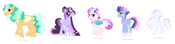 Size: 2572x643 | Tagged: safe, artist:tragedy-kaz, oc, oc only, changedling, changeling, pegasus, pony, unicorn, base used, colored wings, eye clipping through hair, female, group, horn, interspecies offspring, male, mare, offspring, parent:princess celestia, parents:canon x oc, pegasus oc, simple background, smiling, stallion, transparent background, two toned wings, unicorn oc, unshorn fetlocks, wings