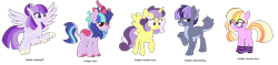 Size: 2112x499 | Tagged: safe, artist:tragedy-kaz, oc, oc only, alicorn, classical hippogriff, diamond dog, earth pony, hippogriff, hybrid, kirin, pony, alicorn oc, base used, clothes, earth pony oc, female, glasses, group, horn, interspecies offspring, male, mare, offspring, parent:twilight sparkle, parents:canon x oc, simple background, smiling, socks, stallion, striped socks, transparent background, wings, worried