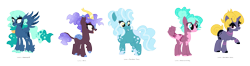 Size: 2269x600 | Tagged: safe, artist:tragedy-kaz, oc, oc only, classical hippogriff, diamond dog, earth pony, hippogriff, kirin, pony, unicorn, base used, earth pony oc, female, group, horn, interspecies offspring, kirin oc, looking back, male, mare, offspring, parent:princess luna, parents:canon x oc, simple background, smiling, stallion, transparent background, unicorn oc