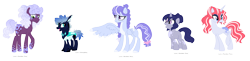 Size: 2522x616 | Tagged: safe, artist:tragedy-kaz, oc, oc only, changedling, changeling, earth pony, pegasus, pony, unicorn, base used, changedling oc, changeling oc, earth pony oc, eyelashes, female, group, horn, interspecies offspring, looking back, male, mare, offspring, one wing out, parent:princess luna, parents:canon x oc, pegasus oc, simple background, smiling, stallion, transparent background, unicorn oc, wings