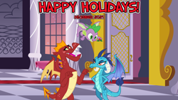 Size: 2064x1160 | Tagged: safe, anonymous artist, artist:drakizora, artist:melisareb, garble, princess ember, spike, dragon, g4, 2021, canterlot, canterlot castle, christmas, december, dragoness, embarrassed, ember is not amused, female, flying, frown, gala, hand on hip, happy holidays, hearth's warming, holiday, holly, holly mistaken for mistletoe, male, not sure if want, open mouth, open smile, party, ship:emble, shipper on deck, shipping, smiling, straight, this will end in kisses, this will not end well, trio, winged spike, wings, youtube link in the description
