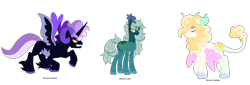 Size: 2179x737 | Tagged: safe, artist:tragedy-kaz, oc, oc only, hybrid, pony, base used, female, group, interspecies offspring, male, mare, offspring, parent:discord, parent:princess celestia, parent:princess luna, parents:dislestia, parents:lunacord, parents:sombracord, simple background, smiling, stallion, transparent background