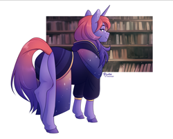 Size: 3415x2727 | Tagged: safe, artist:royvdhel-art, oc, oc only, pony, unicorn, bedroom eyes, book, bookshelf, butt, clothes, colored hooves, female, high res, horn, mare, plot, solo, unicorn oc