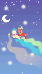 Size: 2880x5040 | Tagged: safe, anonymous artist, big macintosh, fluttershy, oc, oc:late riser, deer, fawn, pony, reindeer, series:fm holidays, series:hearth's warming advent calendar 2021, g4, advent calendar, baby, buck, christmas, crescent moon, doe, family, female, flutterdeer, flying, high res, holiday, lineless, male, moon, night, offspring, parent:big macintosh, parent:fluttershy, parents:fluttermac, pointy ponies, reindeerified, ship:fluttermac, shipping, smiling, species swap, stars, straight